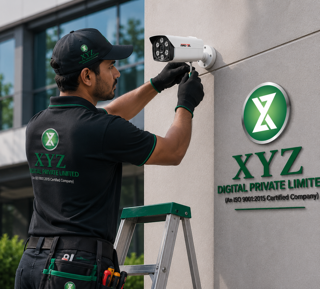 XYZ Digital technician installing security camera