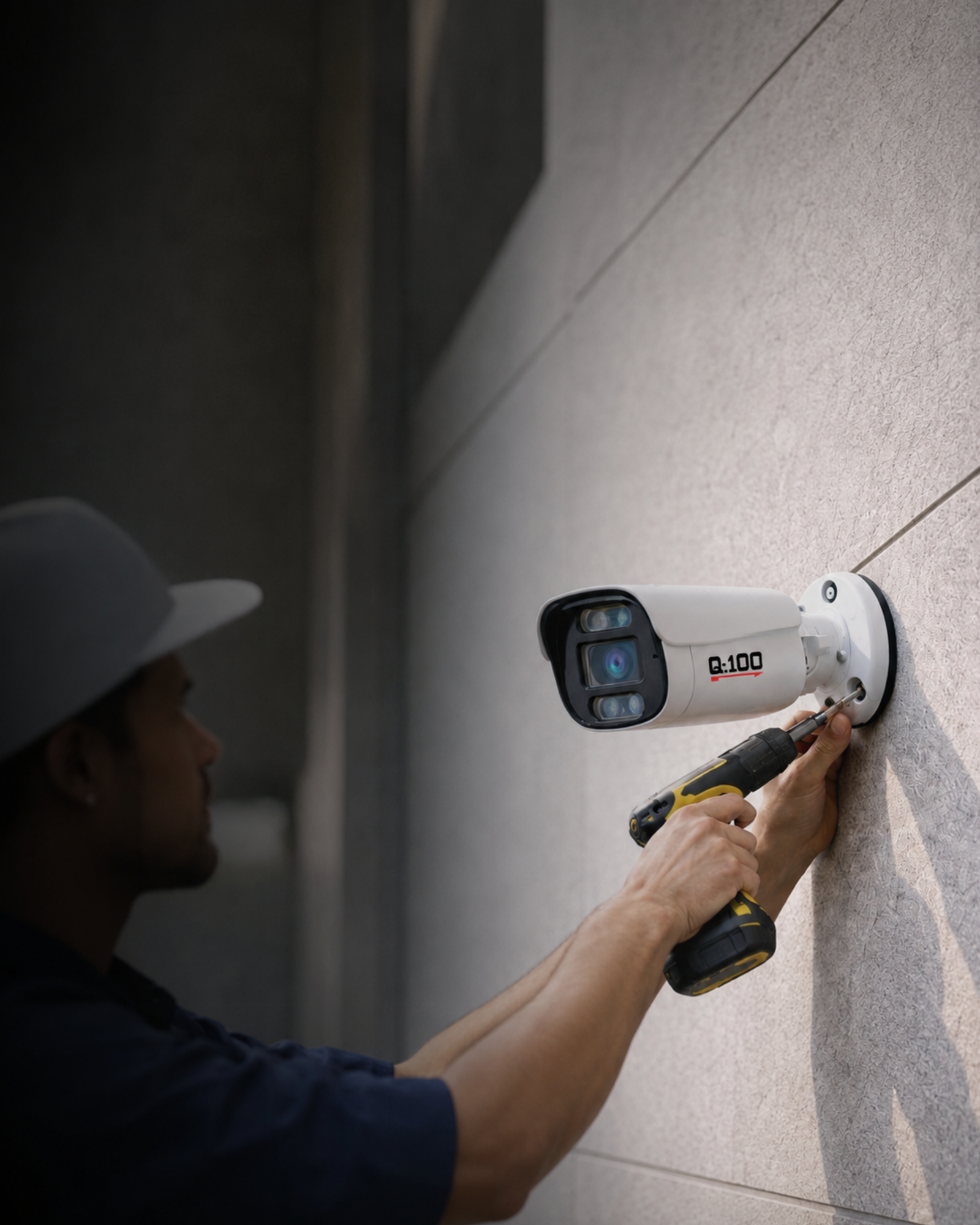 Technician installing a Q:100 security camera